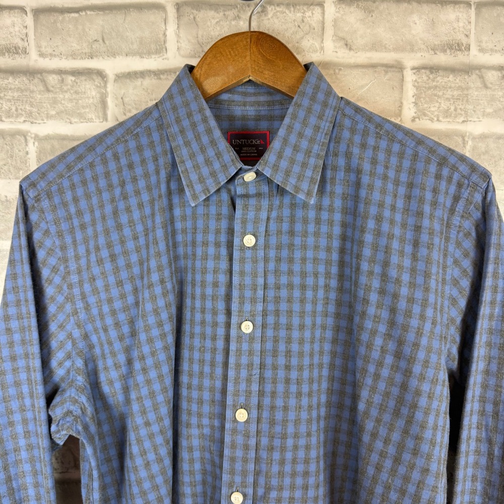 UNTUCKit Mens Medium Blue Grey Gingham Plaid Cotton LS Button Down Shirt